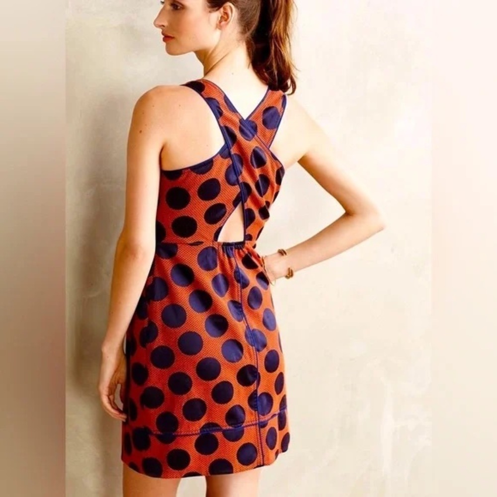 Anthropologie Maeve Rokin Rust Orange Royal Blue Cross Back Dress 10 - Lined - Picture 2 of 16